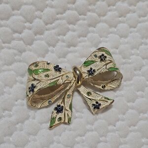 Vintage  BSK signed enamel rhinestone bow gold-tone ribbon brooch